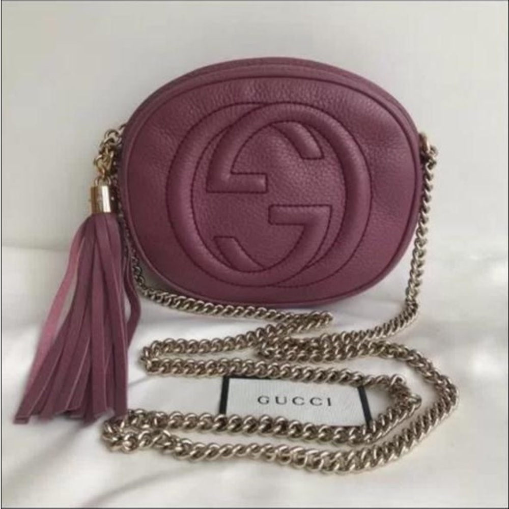 GUCCI SOHO DISCO PURPLE LEATHER ROUND CHAIN CROSSBODY MINI